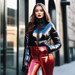 A fashionable woman wearing a shiny tight closed black puffer jacket and red latex leggings