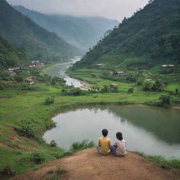 A picturesque colony nestled in a hilly region with a meandering river nearby. A boy and girl are seen sitting harmoniously by the shore, sharing a tranquil moment.