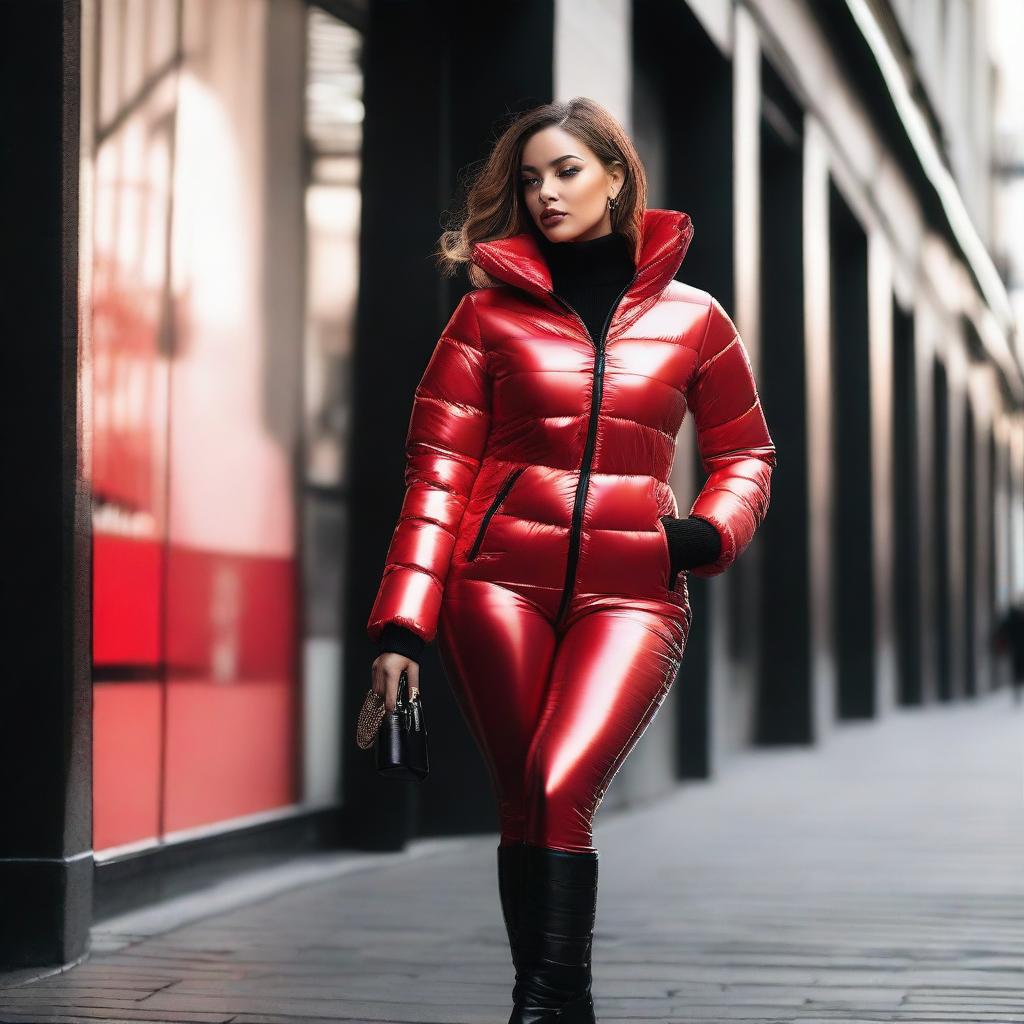 A stylish woman wearing a shiny, tight, closed black puffer jacket and red latex leggings