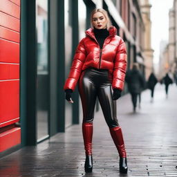 A stylish woman wearing a shiny, tight, closed black puffer jacket and red latex leggings