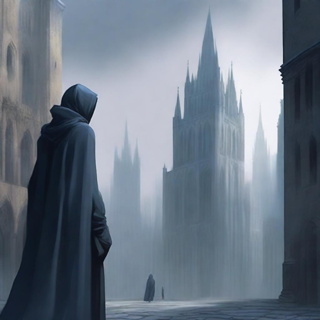 A city with tall towers and medieval architecture, in shades of gray and dark blue