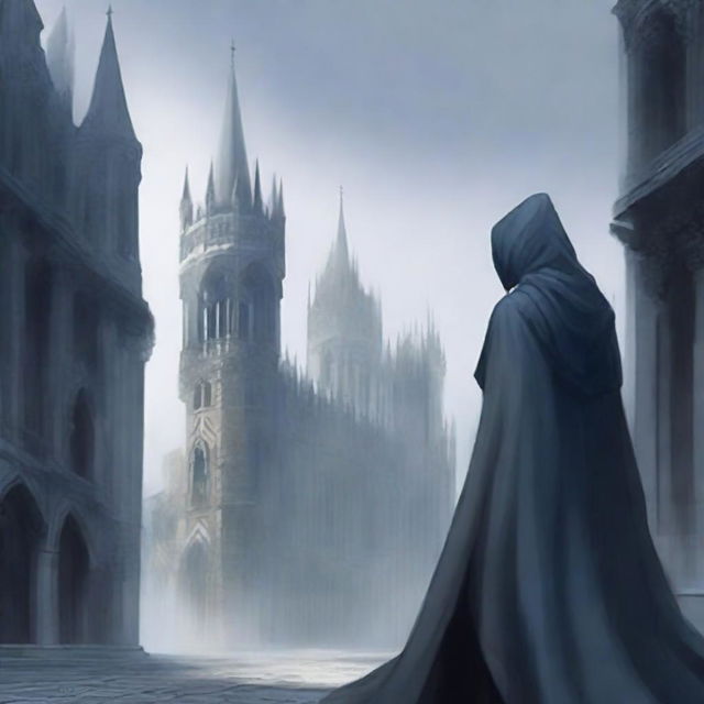 A city with tall towers and medieval architecture, in shades of gray and dark blue