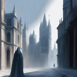 A city with tall towers and medieval architecture, in shades of gray and dark blue