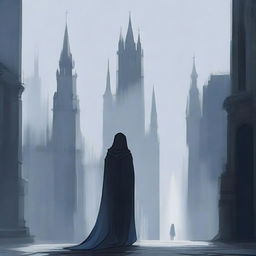 A city with tall towers and medieval architecture, in shades of gray and dark blue