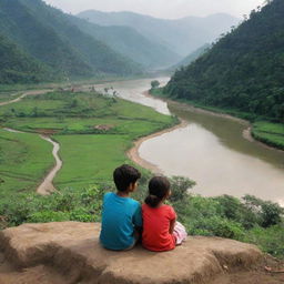 A picturesque colony nestled in a hilly region with a meandering river nearby. A boy and girl are seen sitting harmoniously by the shore, sharing a tranquil moment.