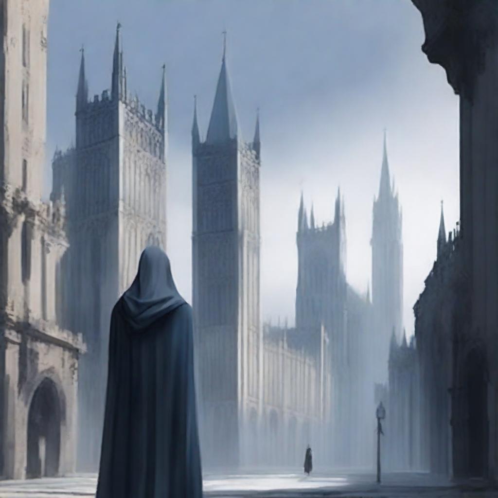 A city with tall towers and medieval architecture, in shades of gray and dark blue