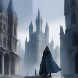 A city with tall towers and medieval architecture, in shades of gray and dark blue