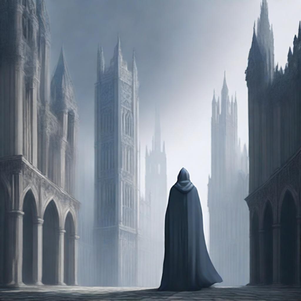 A city with tall towers and medieval architecture, in shades of gray and dark blue