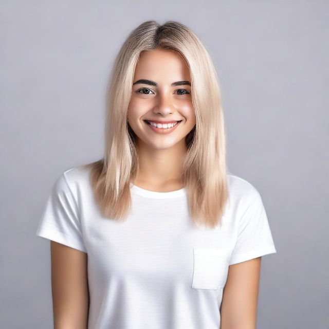 A girl with blonde hair and brown eyes, wearing a white T-shirt