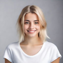 A girl with blonde hair and brown eyes, wearing a white T-shirt