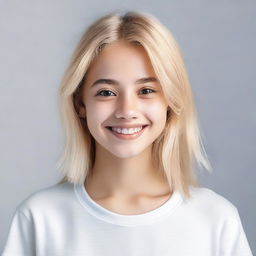 A girl with blonde hair and brown eyes, wearing a white T-shirt