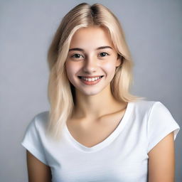 A girl with blonde hair and brown eyes, wearing a white T-shirt