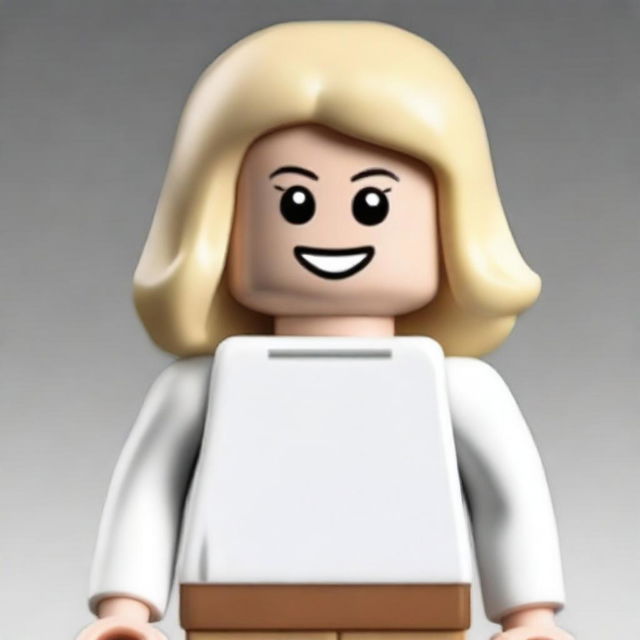 A Lego girl with blonde hair and brown eyes, wearing a white T-shirt