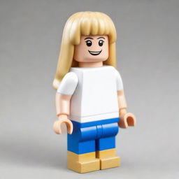 A Lego girl with blonde hair and brown eyes, wearing a white T-shirt