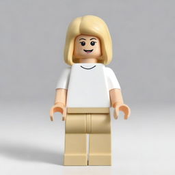 A Lego girl with blonde hair and brown eyes, wearing a white T-shirt