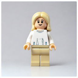 A Lego girl with blonde hair and brown eyes, wearing a white T-shirt