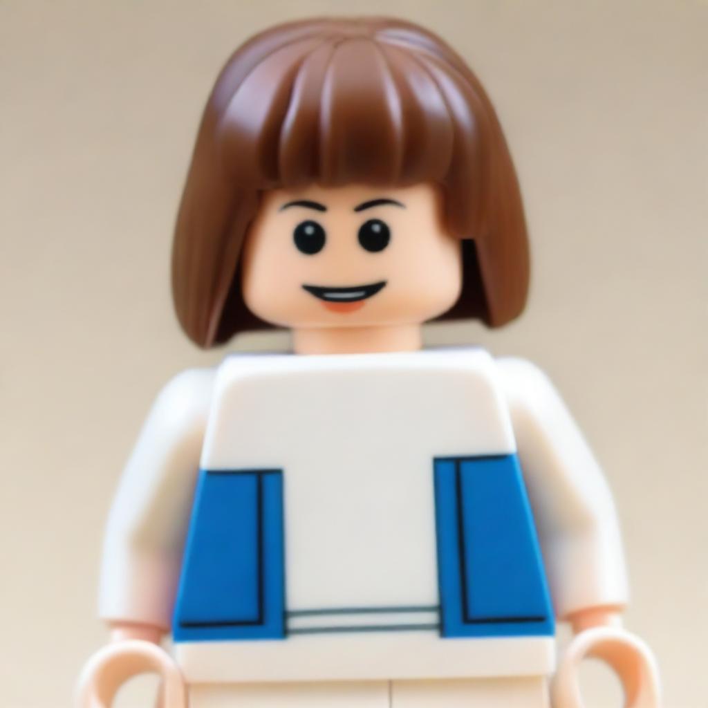 A Lego girl with brown hair and brown eyes, wearing a white T-shirt