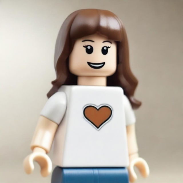 A Lego girl with brown hair and brown eyes, wearing a white T-shirt