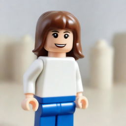 A Lego girl with brown hair and brown eyes, wearing a white T-shirt