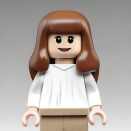 A Lego girl with brown hair and brown eyes, wearing a white T-shirt