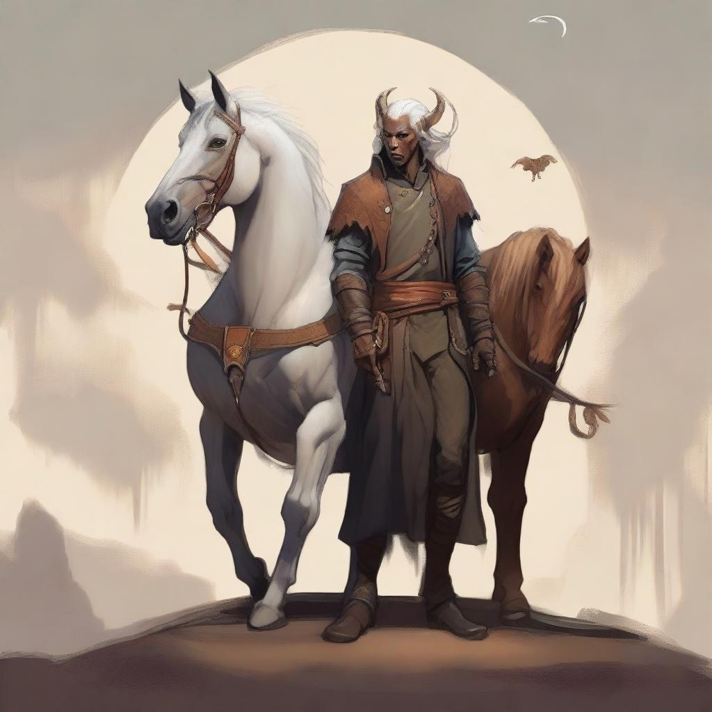 A detailed fantasy scene featuring a male tiefling warlock standing near a male centaur