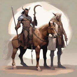 A detailed fantasy scene featuring a male tiefling warlock standing near a male centaur