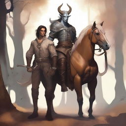 A detailed fantasy scene featuring a male tiefling warlock standing near a male centaur