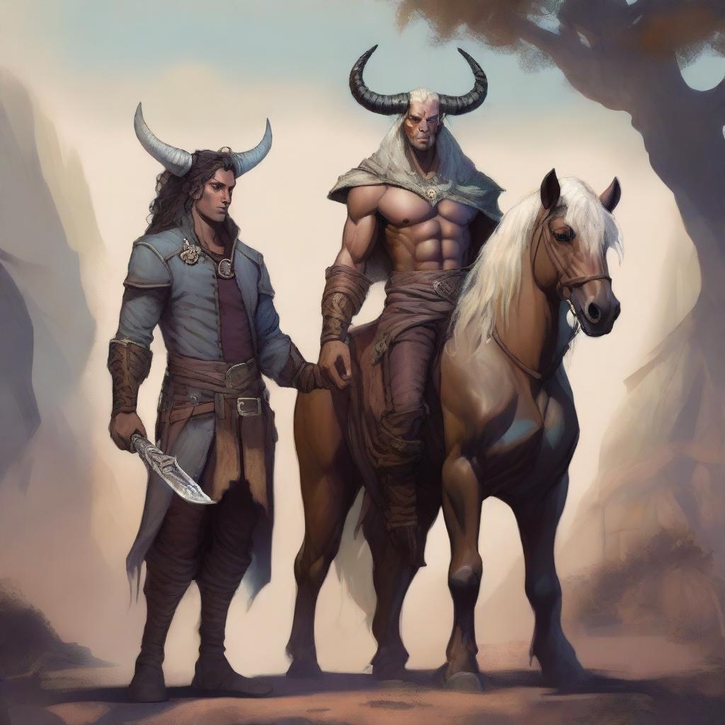 A detailed fantasy scene featuring a male tiefling warlock standing next to a male centaur