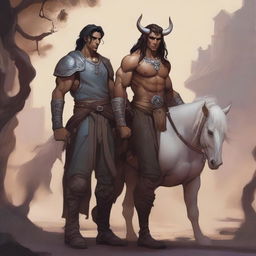 A detailed fantasy scene featuring a male tiefling warlock standing next to a male centaur