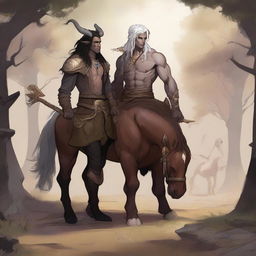 A detailed fantasy scene featuring a male tiefling warlock standing next to a male centaur