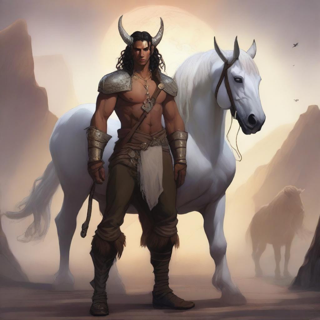 A detailed fantasy scene featuring a male tiefling warlock standing next to a male centaur