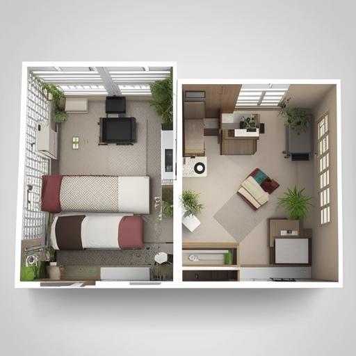 A compact interior visualization showcasing two bedrooms and a drawing room. Design emphasizes functionality and creativity to maximize space.