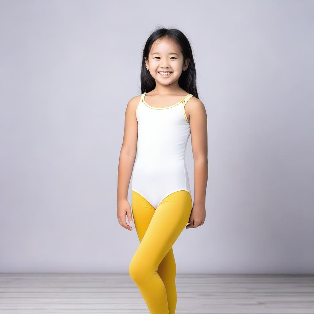 A young Asian girl wearing white fabric tights and a yellow leotard