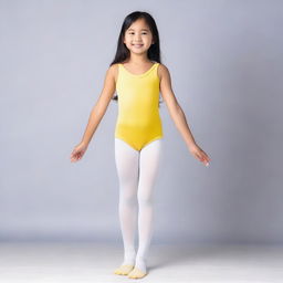 A young Asian girl wearing white fabric tights and a yellow leotard