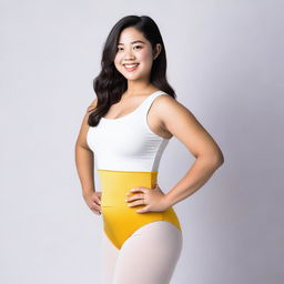 An Asian girl with a curvy figure, wearing white fabric tights and a yellow leotard