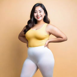 An Asian girl with a curvy figure, wearing white fabric tights and a yellow leotard