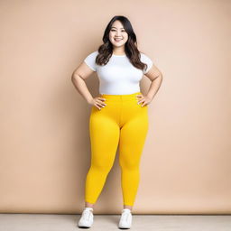 An Asian girl with a curvy figure, wearing white fabric tights and a yellow leotard