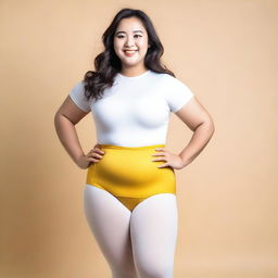 An Asian girl with a curvy figure, wearing white fabric tights and a yellow leotard