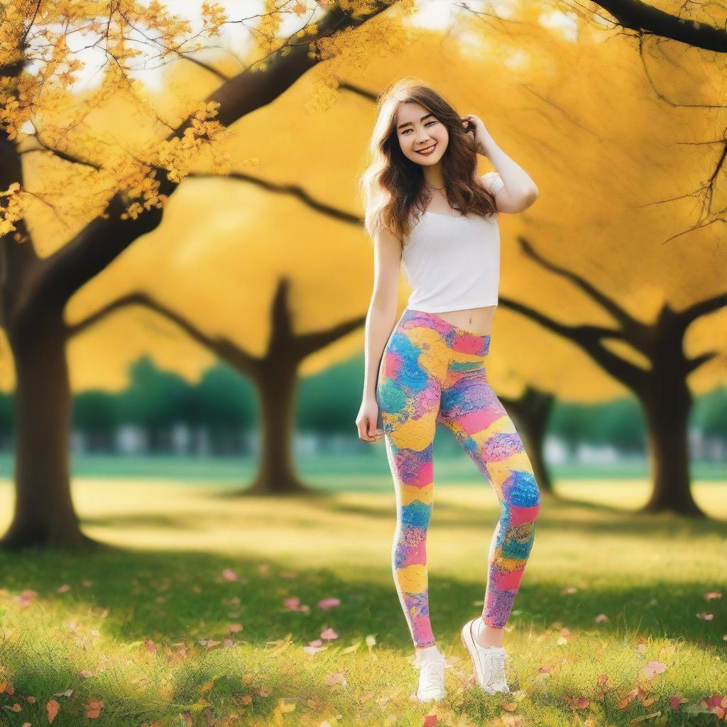 A girl wearing colorful fabric tights, standing in a playful pose