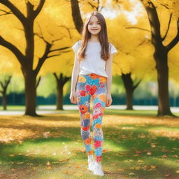 A girl wearing colorful fabric tights, standing in a playful pose