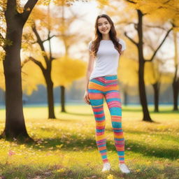 A girl wearing colorful fabric tights, standing in a playful pose