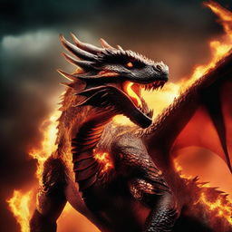 A cinematic photography of a fire-breathing dragon in a dramatic pose, with flames erupting from its mouth