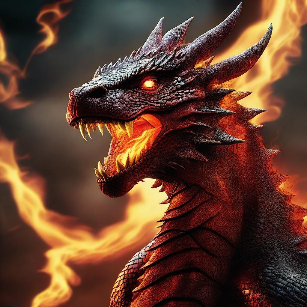 A cinematic photography of a fire-breathing dragon in a dramatic pose, with flames erupting from its mouth