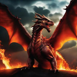 A cinematic photography of a fire-breathing dragon in a dramatic pose, with flames erupting from its mouth