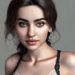 A realistic drawing of a Turkish girl with hazel eyes, wearing detailed and realistic lingerie