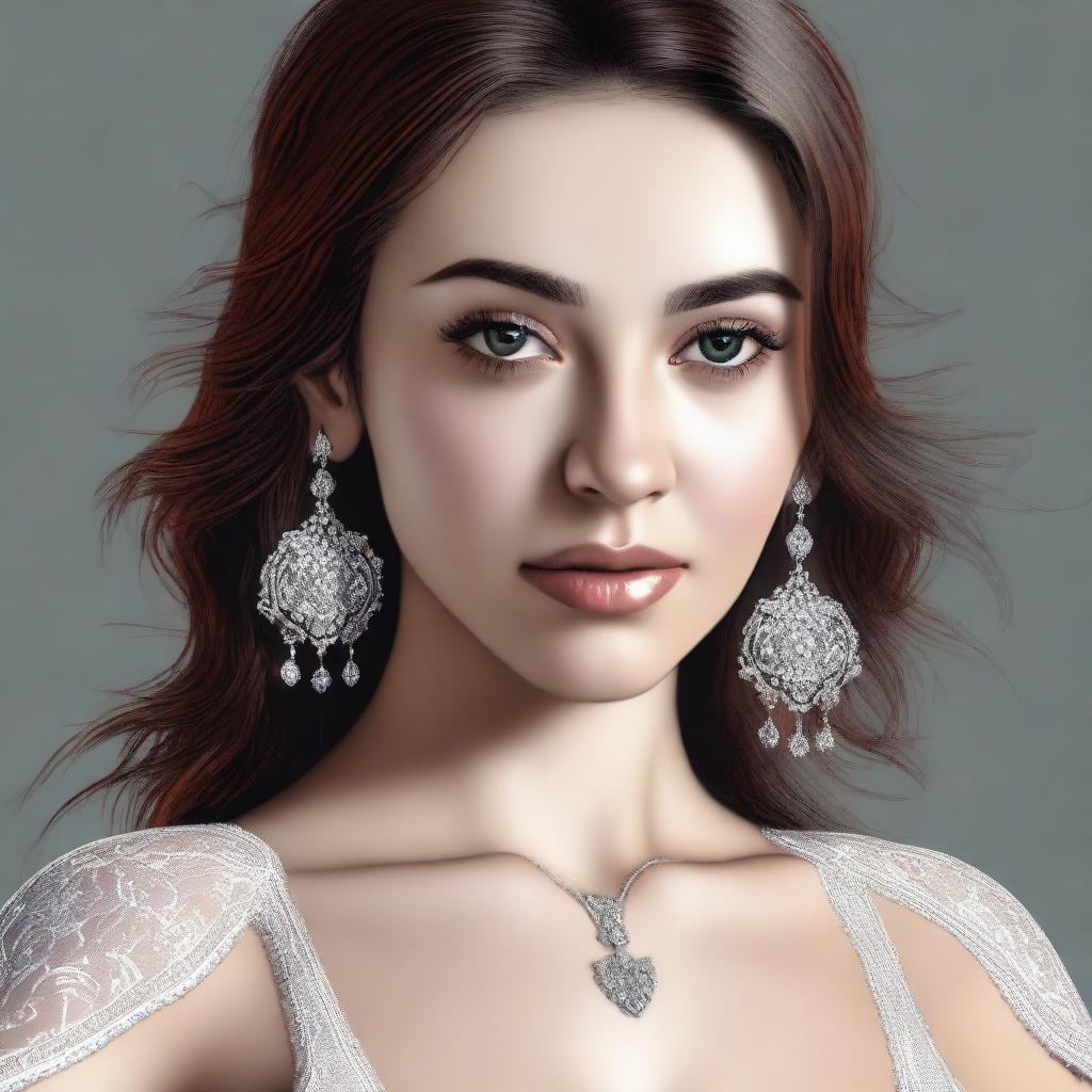 A realistic drawing of a Turkish girl with hazel eyes, wearing detailed and realistic lingerie