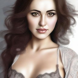 A realistic drawing of a Turkish girl with hazel eyes, wearing detailed and realistic lingerie