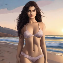 A realistic drawing of a Turkish girl with hazel eyes, wearing lingerie, standing on a beach