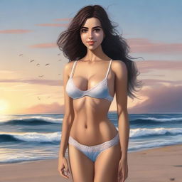 A realistic drawing of a Turkish girl with hazel eyes, wearing lingerie, standing on a beach