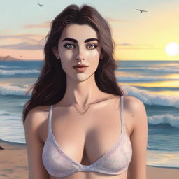 A realistic drawing of a Turkish girl with hazel eyes, wearing lingerie, standing on a beach